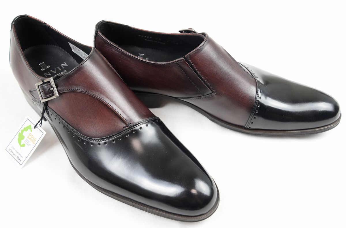 ●LANVIN COLLECTIONランバンコレクションブラックシャイニーバイカラーコンビモンクストラップドレスシューズ(83426,ボルドー,25.0)新品