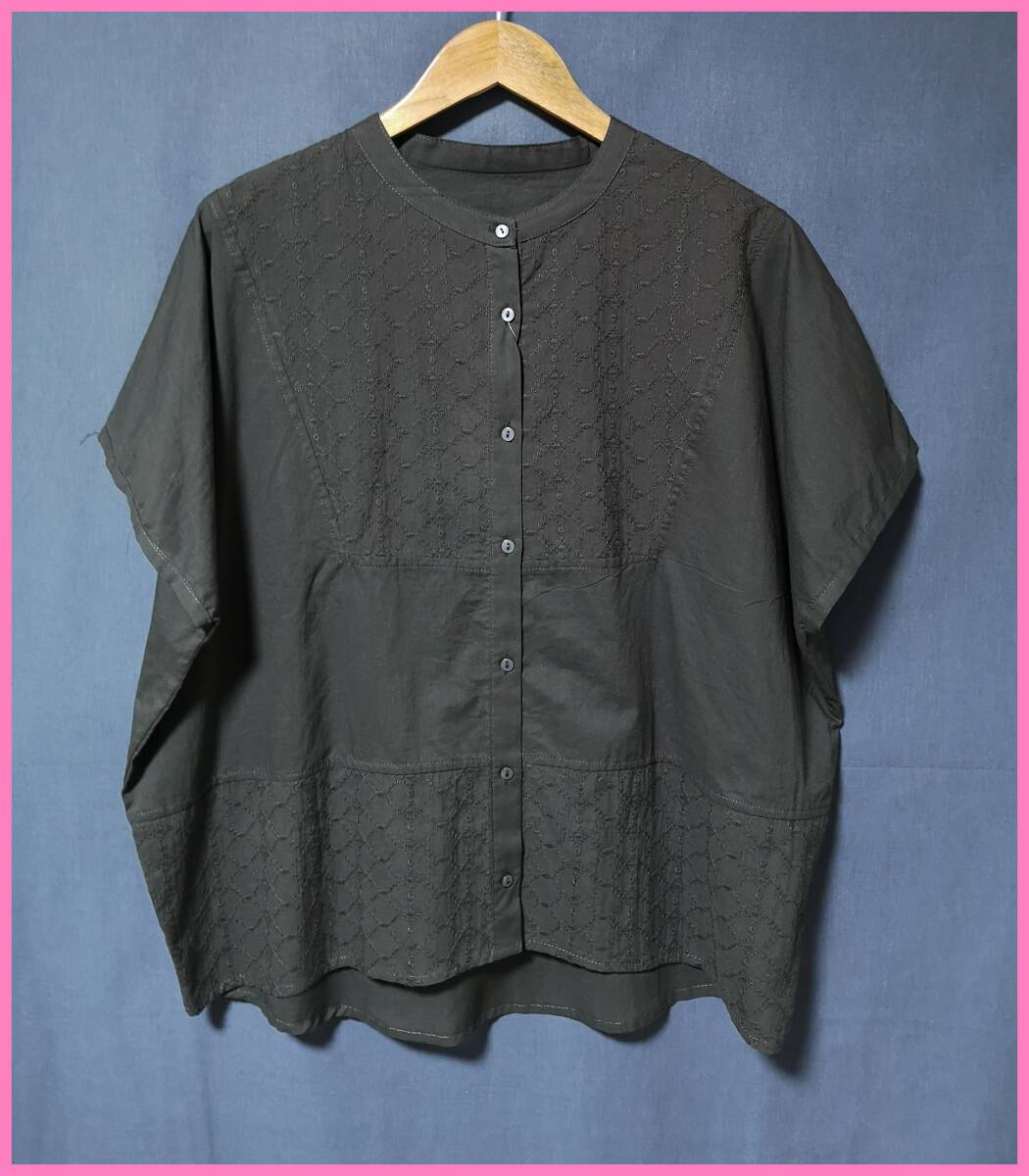 ＢＬＳ‐５０７‐３夏☆新品☆送料込み☆即決☆ナチュラル系☆薄手のインド綿☆M～L☆ブラウス☆濃いグレー系☆パッチワーク☆多少透け感有