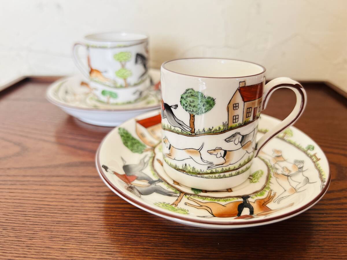 クラウンスタッフォードシャー 　ハンティングシーン　デミタス２客　WEDGEWOOD /315-1