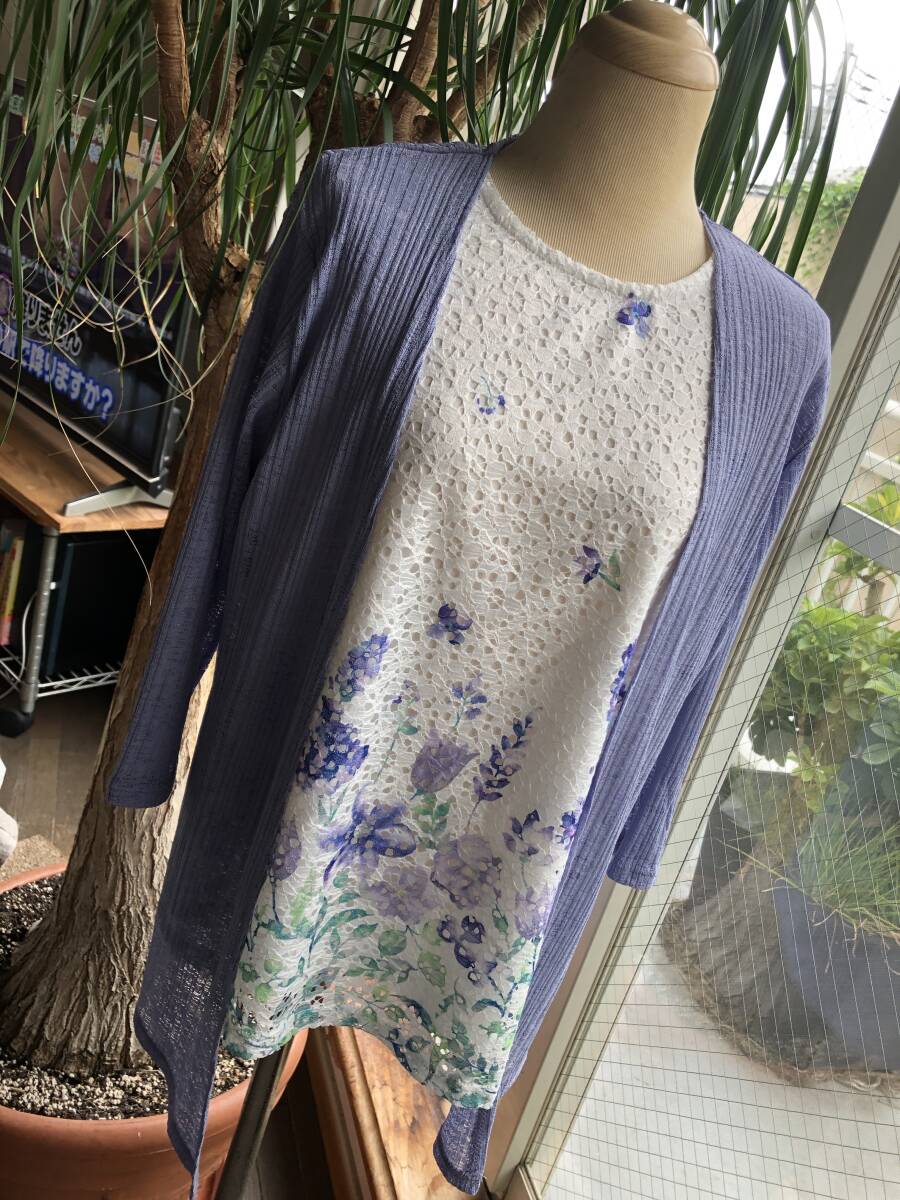 美品/花柄プリント上品アンサンブル/半袖カットソーTシャツ+カーディガン/Mサイズ/紫パープルラベンダー/ポリエステル100％