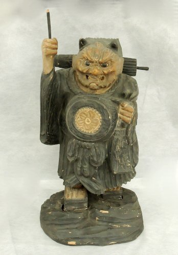 鬼の念仏 55cm 木製 木彫 置物 インテリア 中古 時代あり 骨董 木製ガラスケース 現状お渡し 撞木の頭無し