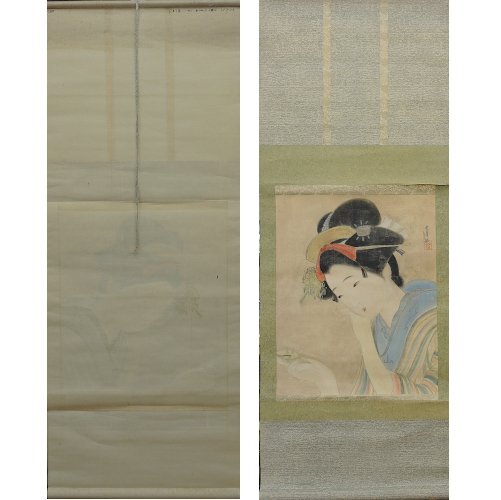 在銘 美人画 日本画 掛け軸　掛軸　絹に彩色 Japanese hanging scroll 中古　作者不明