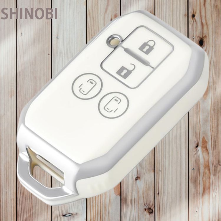 スズキ スマートキーケース 4ボタン対応 TPU素材 耐衝撃 傷防止 キーホルダー付き スペーシアカスタム フレアワゴン ソリオ適合 銀白