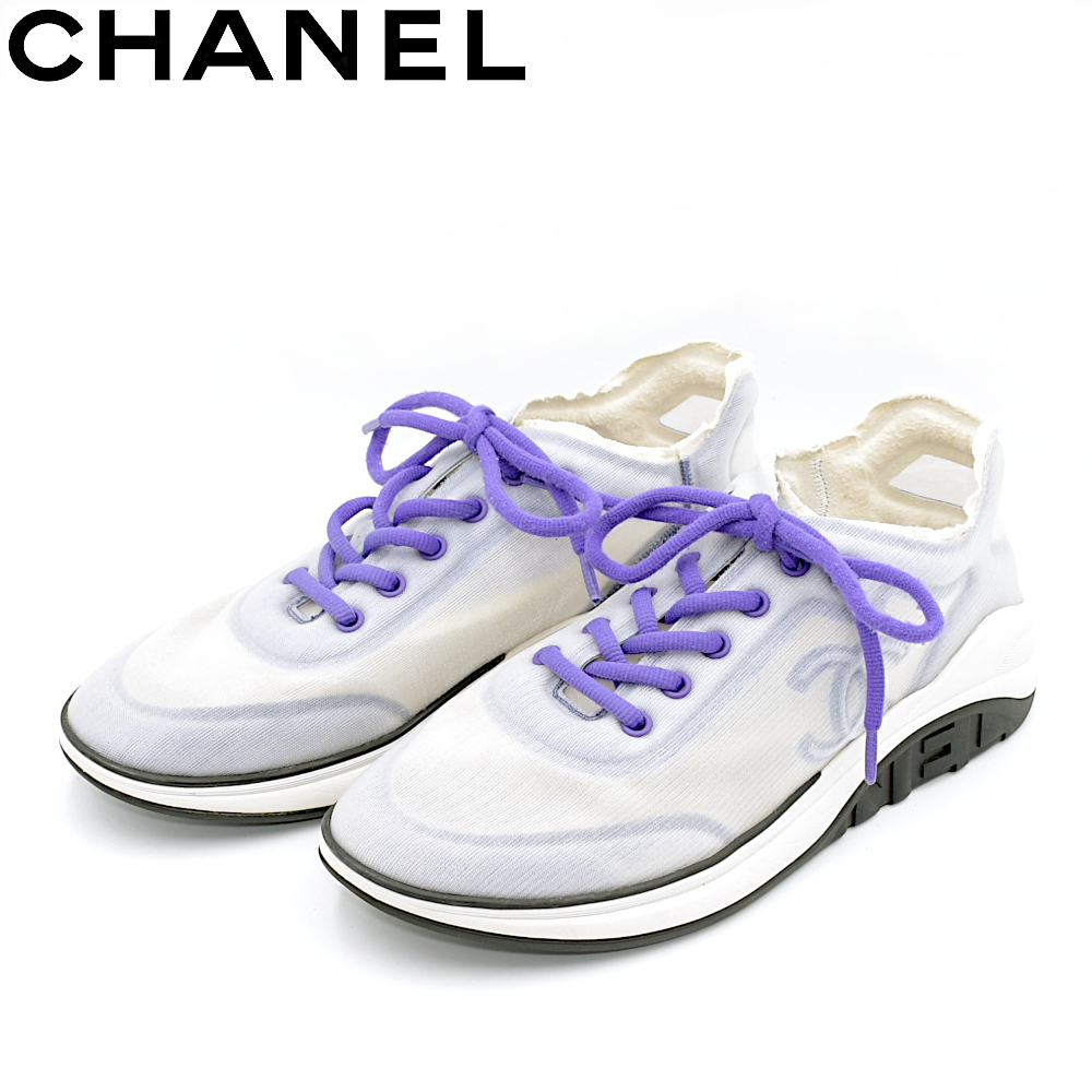 【A02378】CHANEL シャネル ココマーク G34764 ファブリック スニーカー 40 ホワイト×パープル