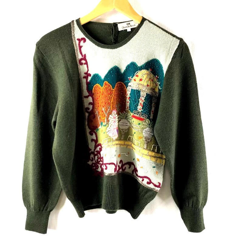 シャミー ロイヤル Chamois Royal ニット 刺 バックボタン レトロ 昭和 グリーン系 カーキ 9サイズ 965909