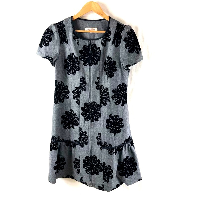 スーパービューティー super beauty ワンピース 半袖 花柄 チャック 裏地付き ベロア 黒 グレー 42サイズ 963766