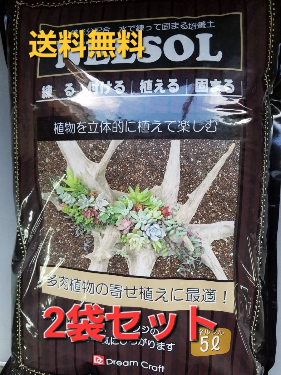送料無料☆サボテン 多肉に！水で練って固まる培養土　ネルソル　５㍑　２袋セット　チランジア セダムなど 糊剤配合 壁面張り付け可能□
