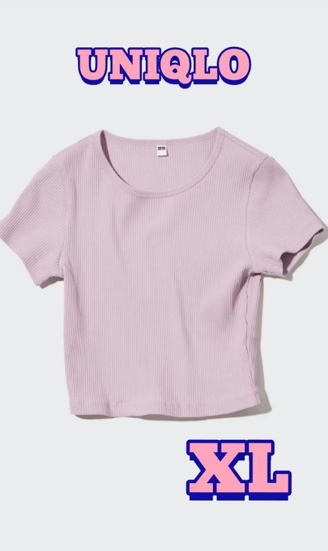 【UNIQLO】リブ クロップド 半袖Tシャツ ピンク XL