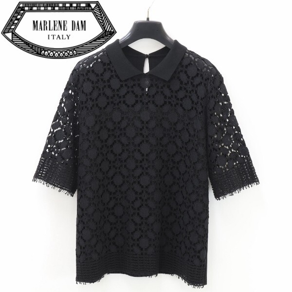【KA43】美品◆MARLENEDAM ITALY マーレンダム ニット衿 レース ブラウス トップス 黒 ブラック 42