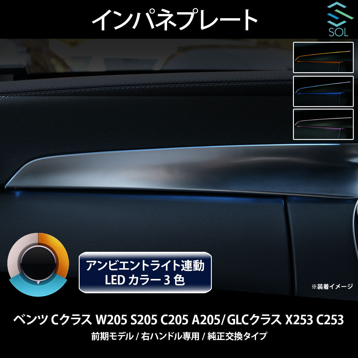 ベンツ Cクラス W205 S205 C205 A205 前期 右ハンドル専用 アンビエントライト連動 インパネプレート 純正交換タイプ LEDカラー3色