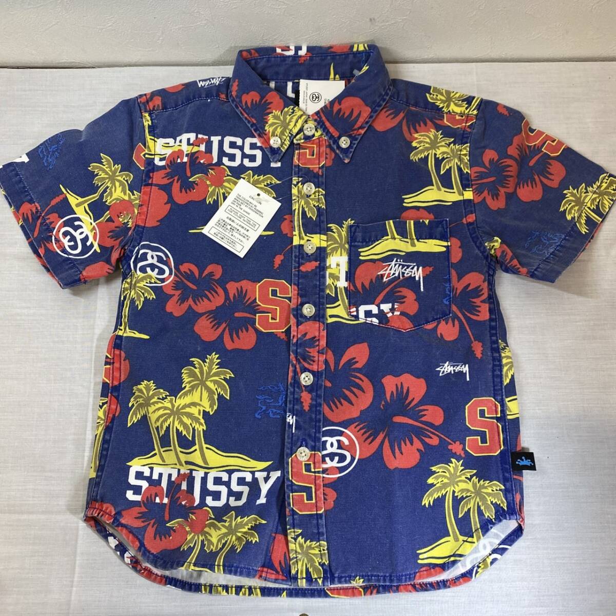 ▼●【MH-0871】未使用保管品 タグ付き STUSSY KIDS ステューシー アロハ風 シャツ 柄シャツ ボタンダウン Mサイズ デッドストック