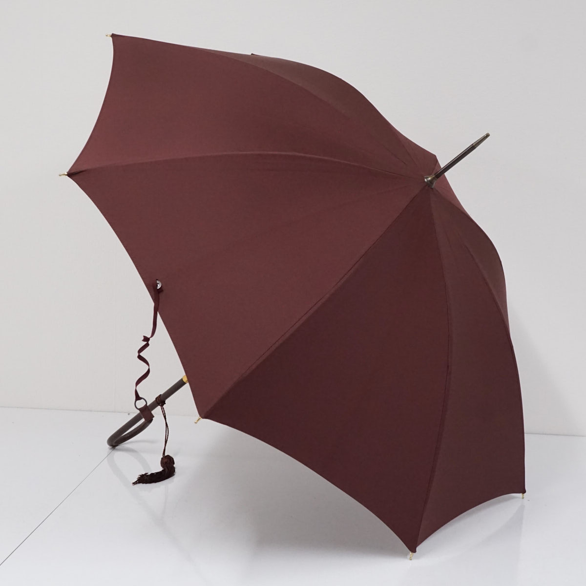 晴雨兼用傘 FOX UMBRELLAS フォックス アンブレラズ USED美品 細巻 ワイン 英国製 レザー手元 タッセル付き 51cm S3129