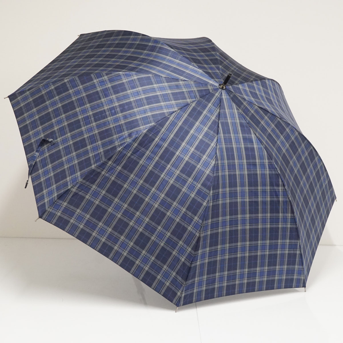 耐風傘 Paul Stuart ポールスチュアート USED美品 ネイビー ブルー系 チェック 紳士傘 ジャンプ 65cm S3161