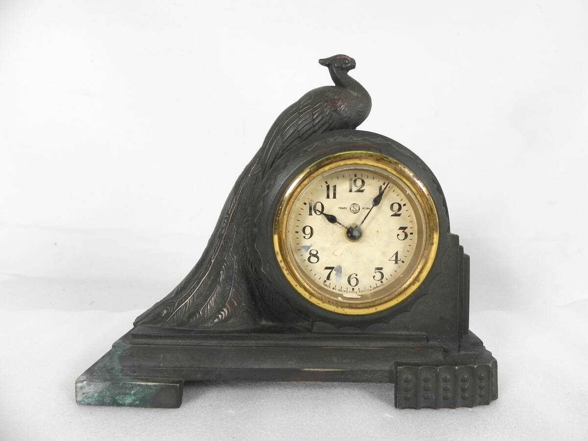 [R4718]◇レトロ◆セイコー 置時計 孔雀 ゼンマイ式 銅製？ 精工舎 ヴィンテージ