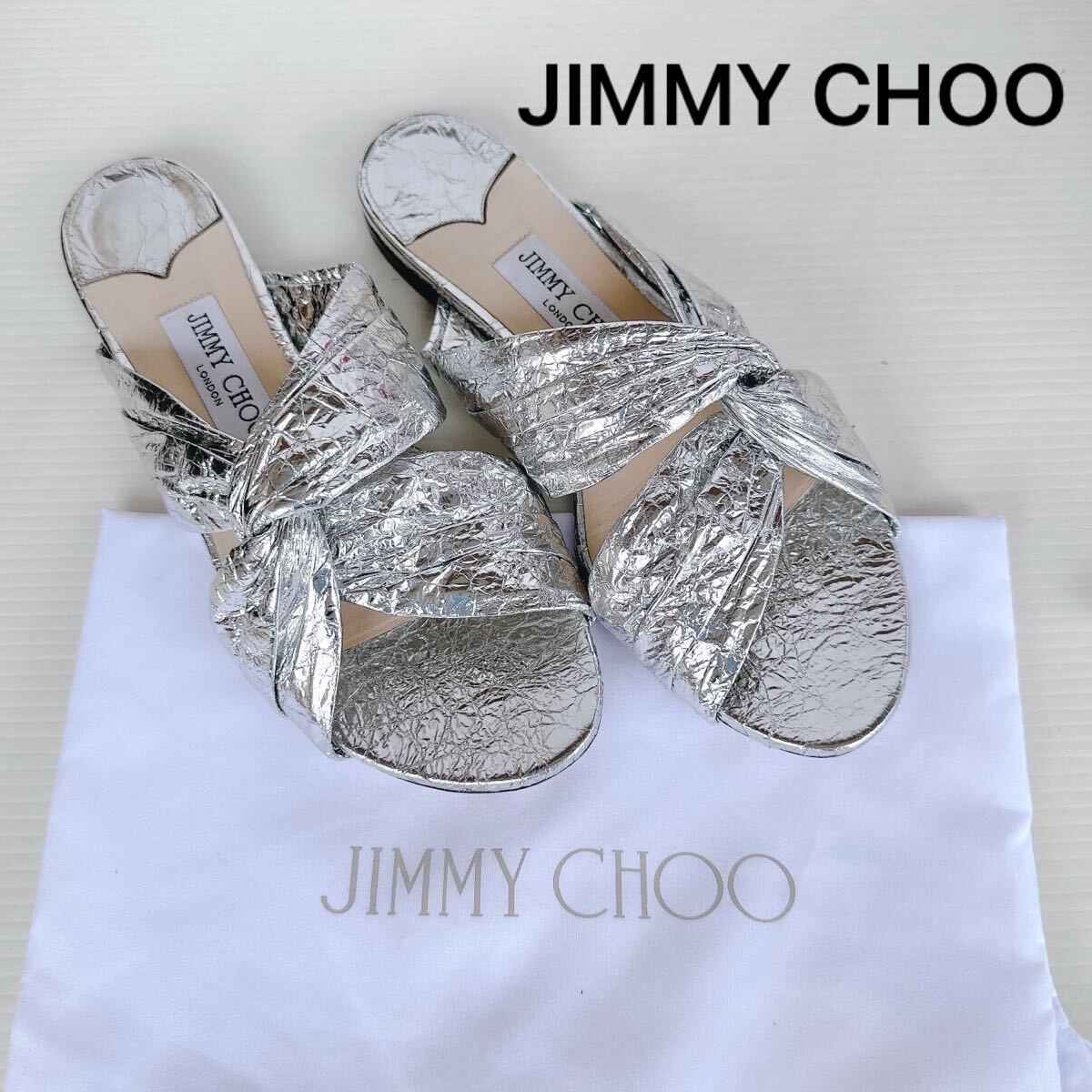 JIMMY CHOO ジミーチュウ ミュール サンダル フラットシューズ フールトゥ ローヒール 極美品 37 シルバー レーディス シューズ 靴 