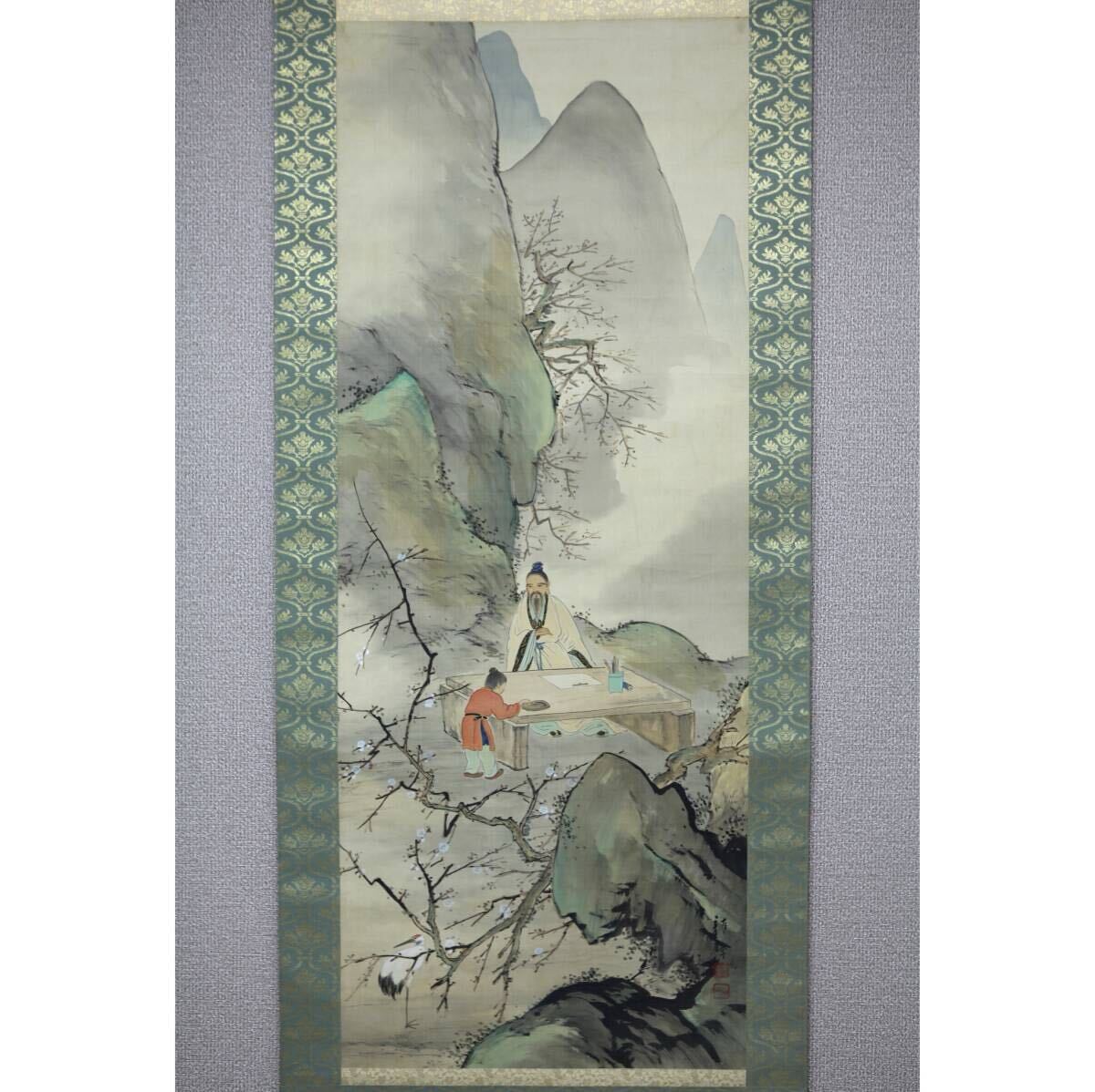 【真作】【風車】 蔦谷龍岬 「林和靖図」◎肉筆絹本 自題共箱◎青森の人 寺崎広業師事 文展 帝展委員 審査員 大和絵風 中国画