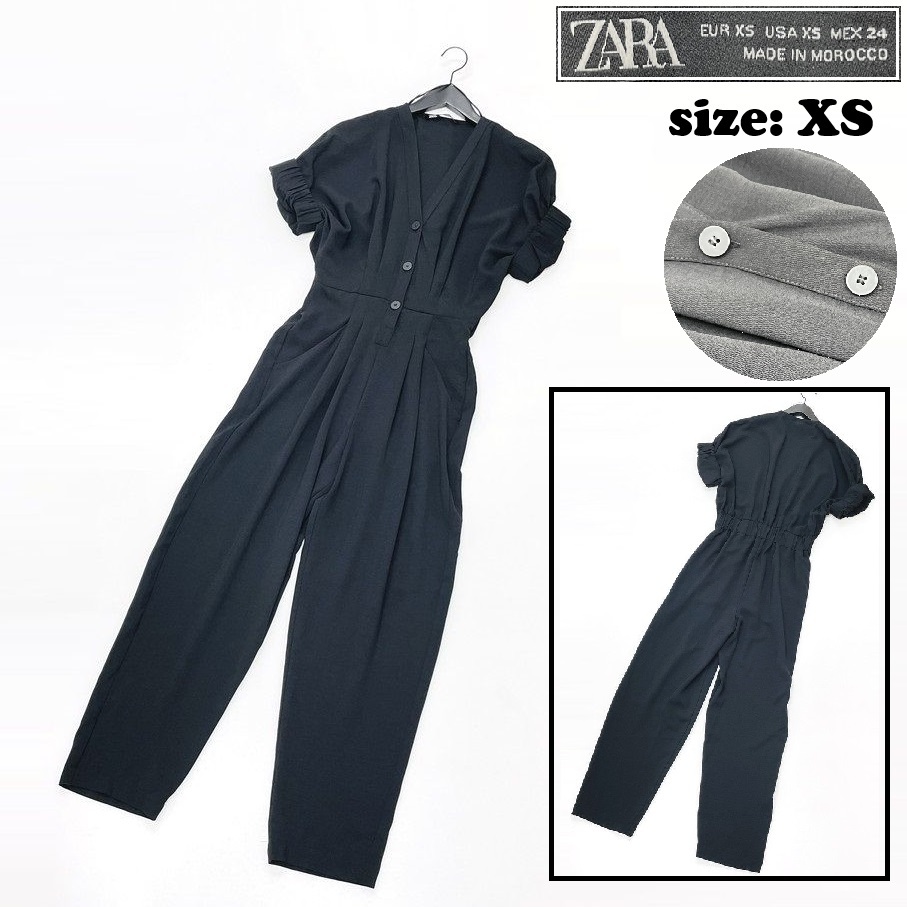 ZARA /XS/ ブラック 半袖ジャンプスーツ Ｖネック レディース シャツパンツオールインワン カジュアル 通勤 大人可愛い生地 デイリー ザラ