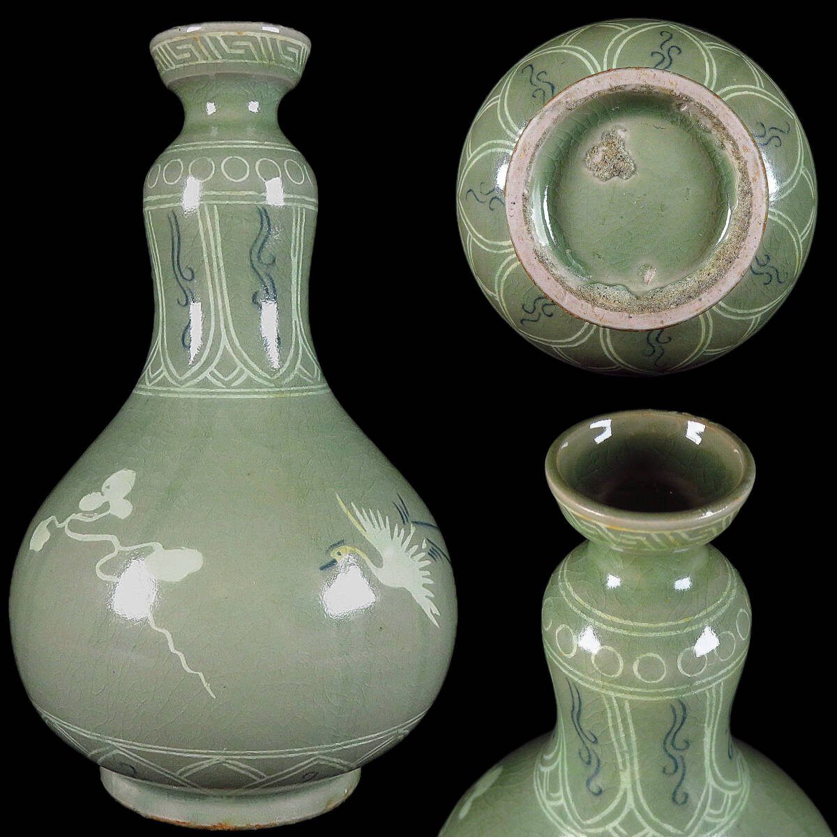 【SAKURAYA】朝鮮美術【高麗青磁白象嵌鶴文壷】朝鮮古陶磁 唐物 古作 徳利 花瓶 骨董品 古美術品 中国古玩 韓国 李朝 高さ17.5cm