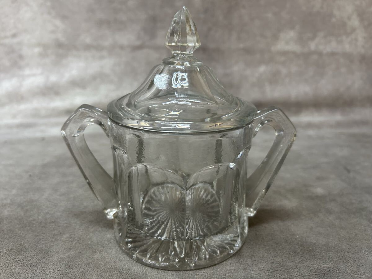 時代物 シュガーポット ガラス製 蓋付き 入れ物 飾り インテリア 高さ約16cm アンティーク　骨董　古い　