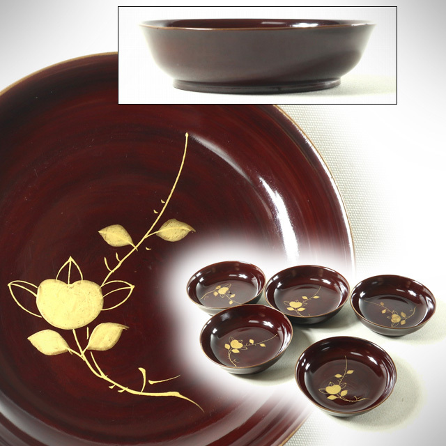 ●c031●美【蒔絵菓子皿5客/一輪花 金縁紅溜塗/木皿吸皿酒木皿つまみ皿】検お茶会煎茶道具茶懐石●西瓜●