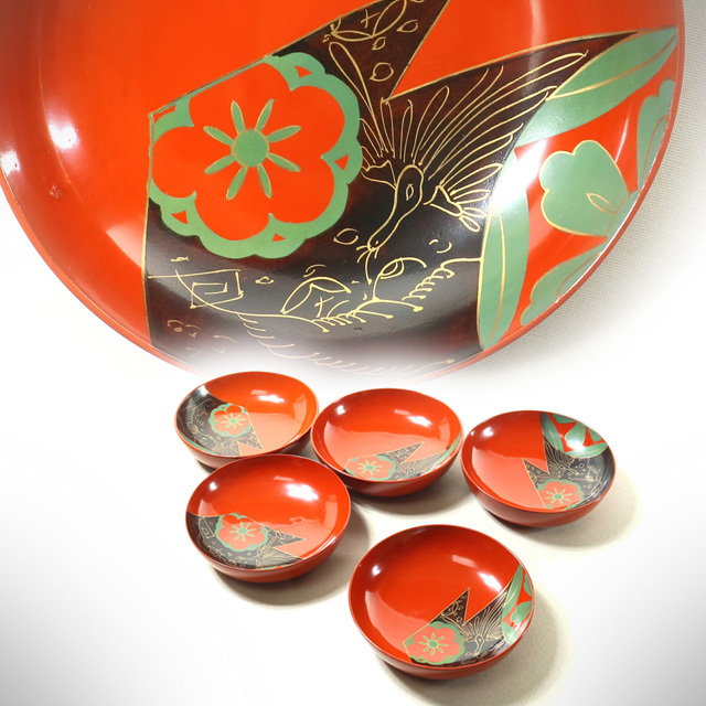 ●c1037●【漆絵蒔絵菓子皿5客/窓絵 鳳凰花波 朱底黒】検お茶会煎茶道具茶懐石道具吸皿酒木皿つまみ皿取り皿●西瓜●