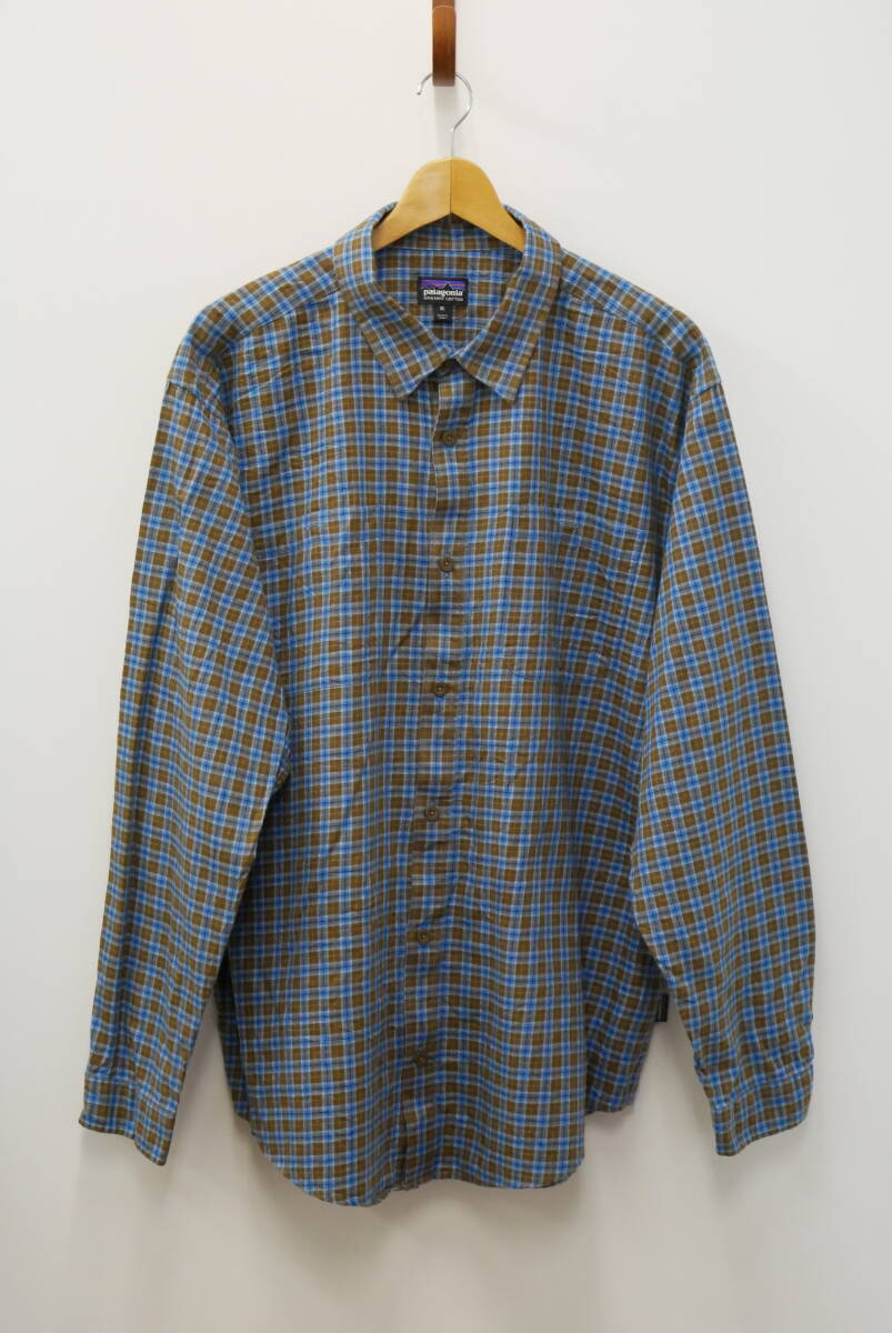 37W patagonia パタゴニア 長袖シャツ チェック ブラウン系 ブルー系 オーガニックコットン XLサイズビンテージUSA古着