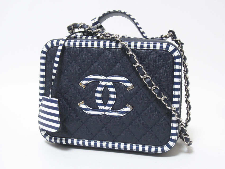 新品同様 送料無料 CHANEL シャネル キャビアスキン スモール ヴァニティケース チェーンショルダーバッグ ネイビー ホワイト レザー 27番