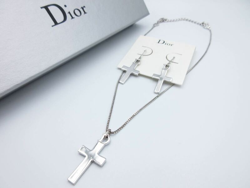 【希少】2点set Christian Dior ネックレス ピアス 十字架 ロゴ クリスチャン ディオール ヴィンテージ アクセサリー レディース ts-25-46