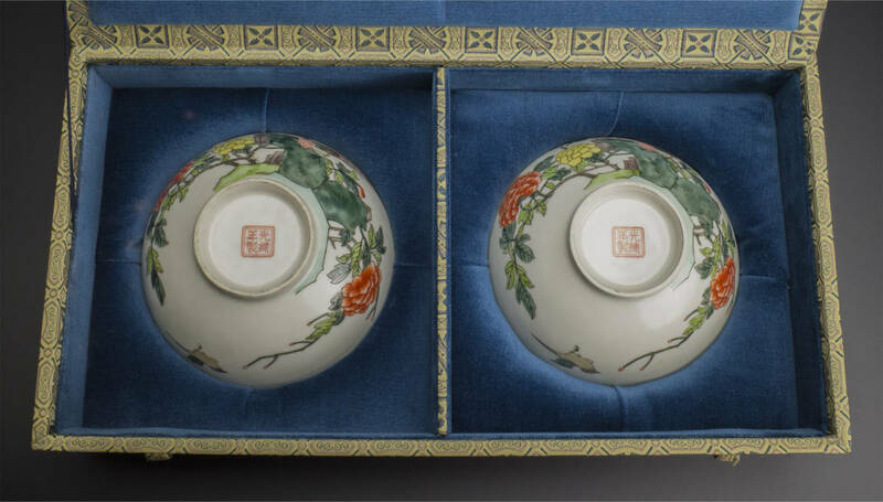 清 五彩花鳥紋碗 一對 光緒年制款 共箱 中国 古美術