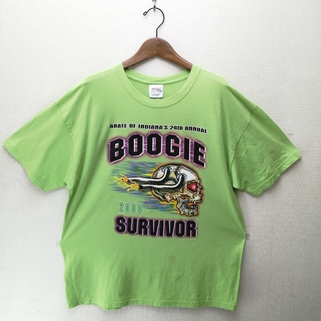 Hanes製 BOOGIE SURVIVOR　2004　プリント Tシャツ L GREEN　バイカー　スカル 　　　　