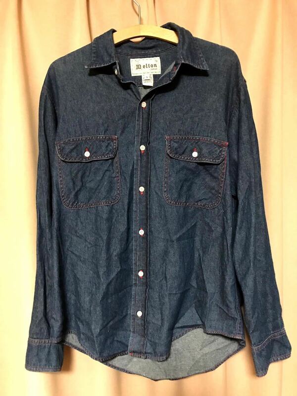 USED MELTON LIGHT WEIGHT DENIM SHIRT MADE IN USA 中古 メルトン デニム シャツ SIZE S アメリカ製 送料無料