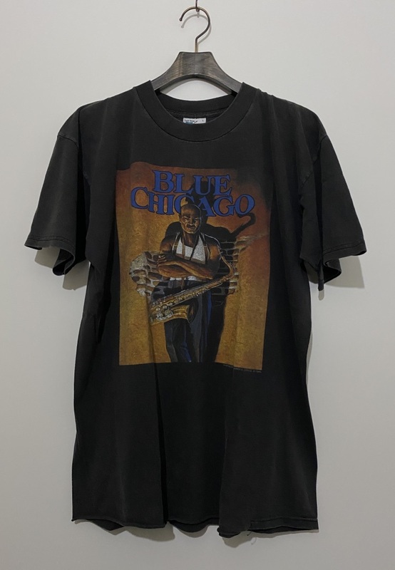90's USA製 ビンテージ☆BLUE CHICAGO ブルーシカゴ 半袖Tシャツ L 黒 ブラック サックス ブルース ジャズ ライブハウス
