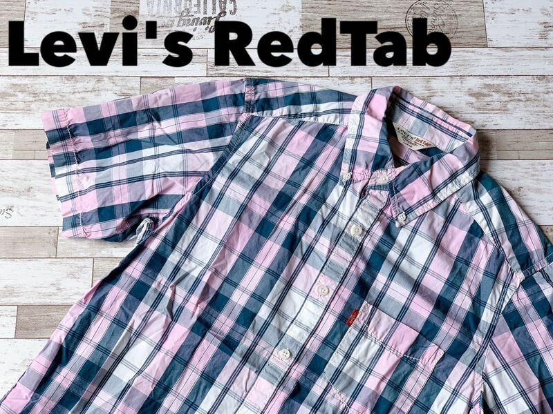 ☆送料無料☆ Levi's RedTab リーバイス レッドタブ 古着 半袖 シャツ メンズ L ピンク チェック柄 ボタンダウン トップス 中古 即決