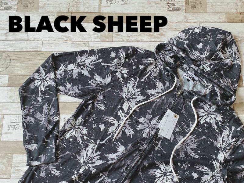 ☆送料無料☆ BLACK SHEEP ブラックシープ 未使用 タグ付き 薄手 パーカー メンズ XL 総柄 ブラック トップス 即決