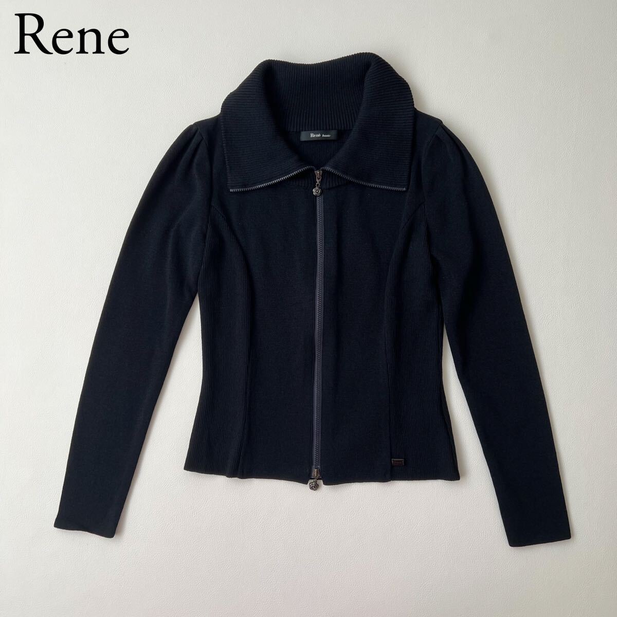 美品 Rene ルネ ニットジャケット ジップアップカーディガン トップス アウター カメリアスライダー ロゴプレート ネイビー 34