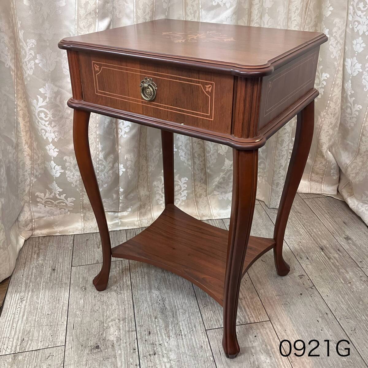 ★(志)天板象嵌細工 猫脚 コンソールテーブル サイドテーブル 引出し付 花台 飾台(検)イタリア ロココ ロイズ アンティークス(I)0921G