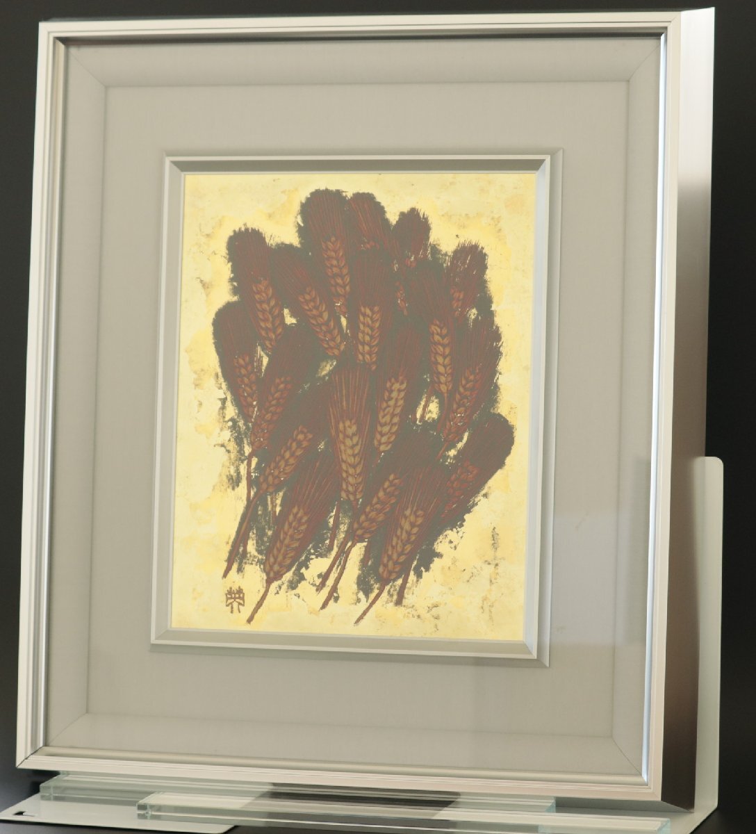 【真作】『豊澤英之』日展会友「むぎ」彫漆額装　書画　日本画　日本美術品　