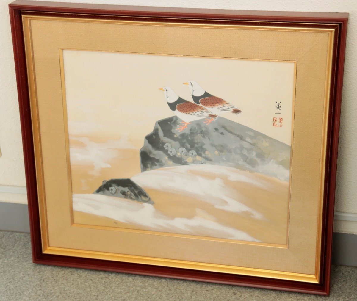 【真作】『高田美一』川合玉堂師事「鳥」紙本額装　書画　日本画　日本美術品　