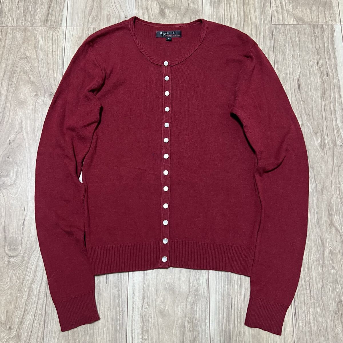 ★送料360円★名作 agnes b. アニエスベー 長袖 プレッションカーディガン 綿100% コットン ボルドー フランス製生地 レディース R-8115