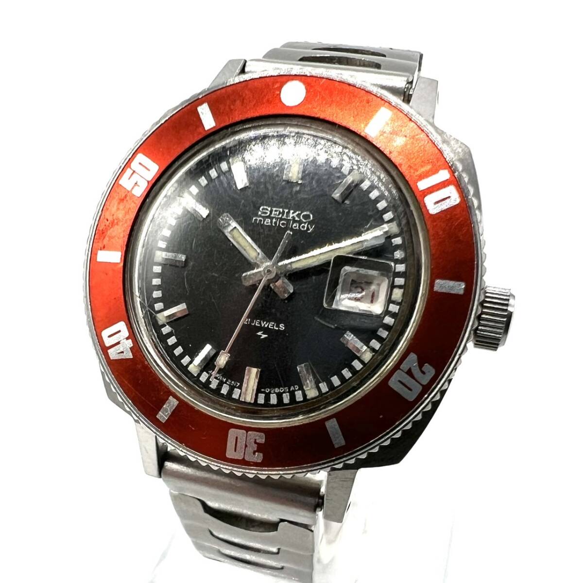 ■【稼働品】 SEIKO セイコー matic lady マチックレディ 21石 赤ベゼル 赤カレンダー 亀戸 2517-3270 手巻き 1968年製 ヴィンテージ