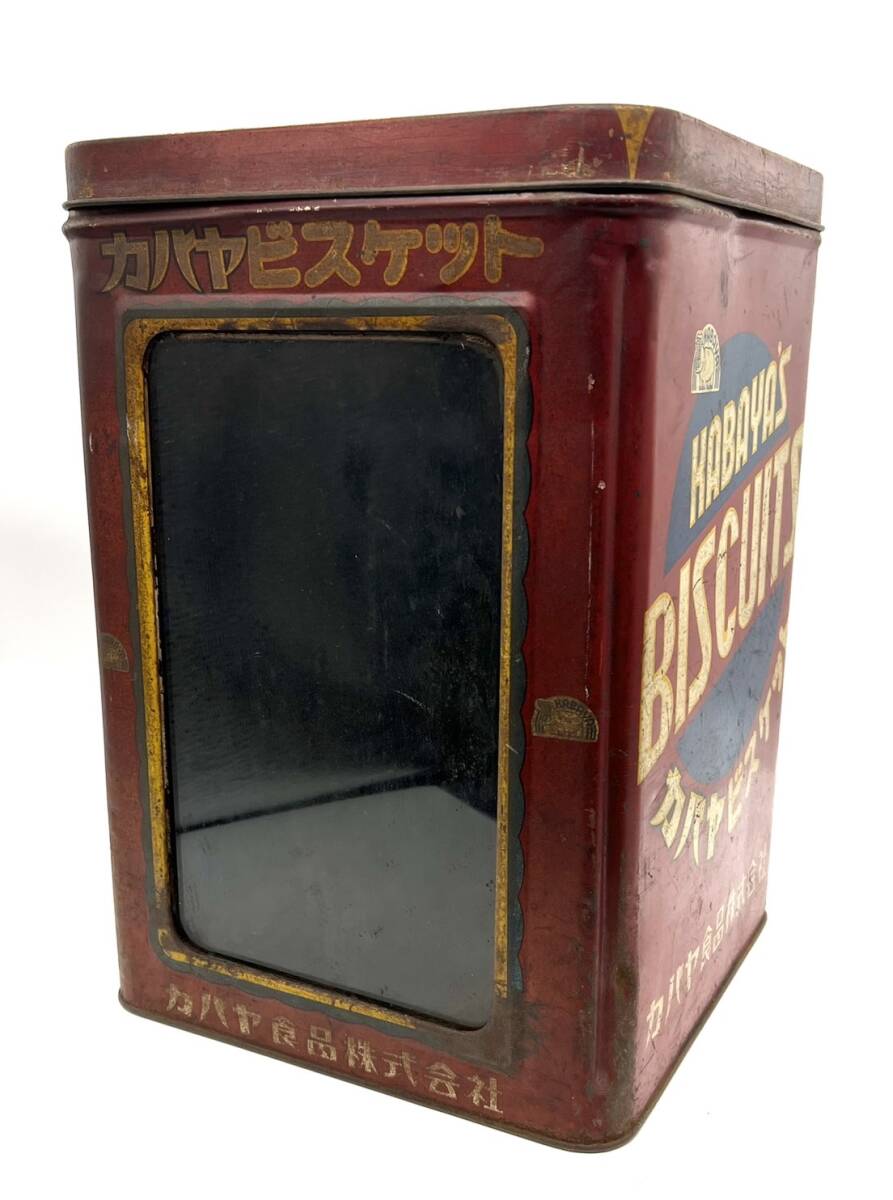 □【希少】 カバヤ食品 カバヤビスケット ガラス窓 空き缶 一斗缶 昭和レトロ 当時物 現状品