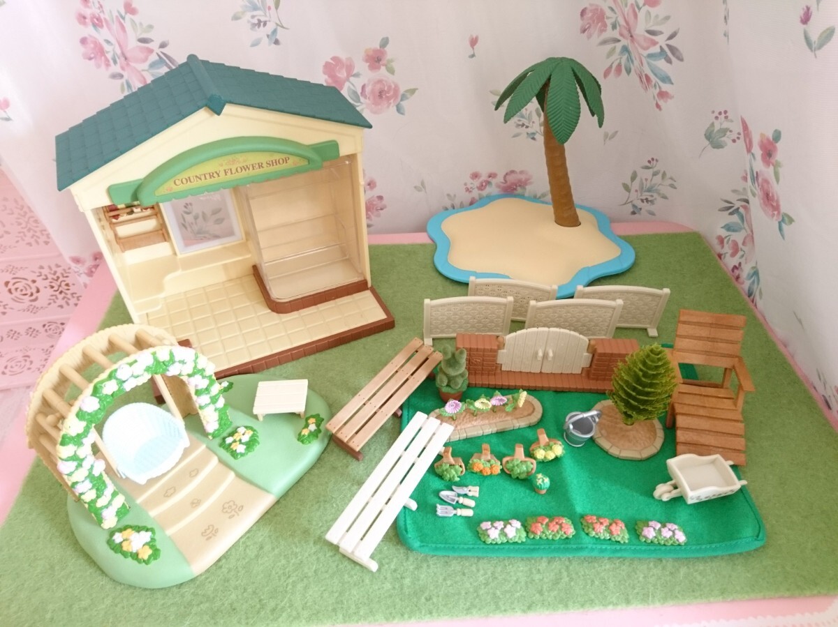 シルバニア カントリーフラワーショップ お花のブランコ ヤシの木 砂浜 ガーデン ガーデニング 花屋 花 庭 ラティス 門 グリーン ベンチ