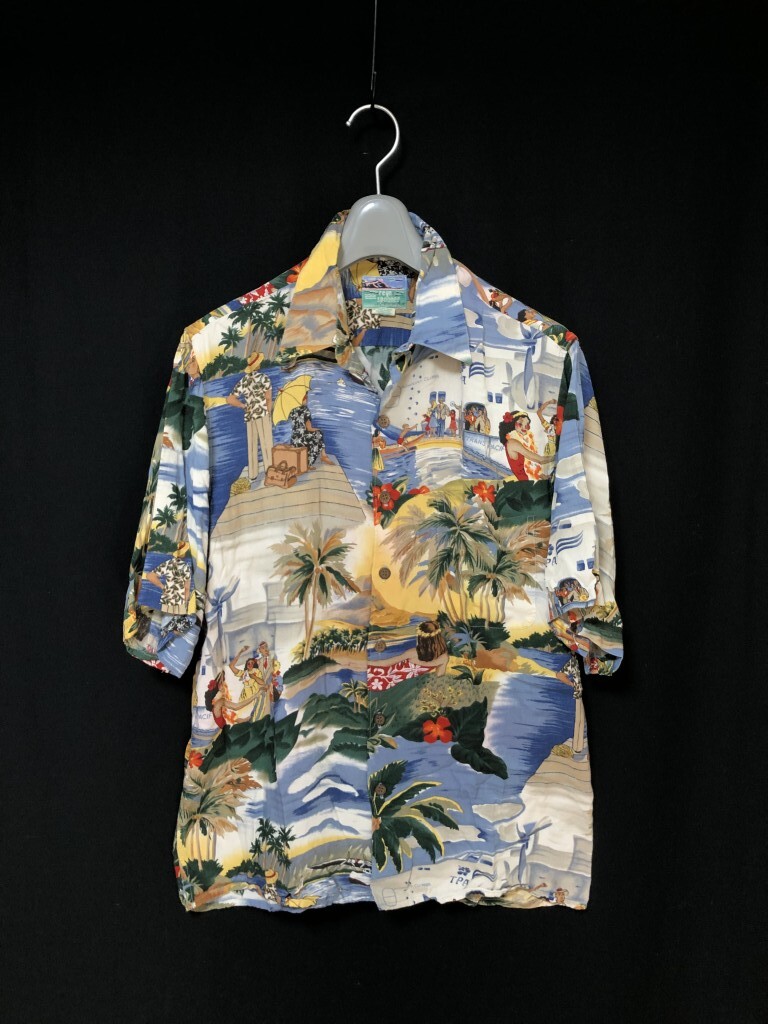 ハワイ製 90s◆Reyn Spooner レインスプーナー 40sモチーフ 総柄 レーヨンアロハシャツ トランスパシフィック ホノルルクリッパー S