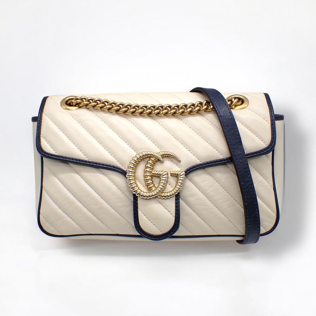 グッチ GUCCI GGマーモント 443497 525040 ショルダーバッグ レザー チェーン マトラッセ キルティング ネイビー ホワイト ゴールド 4005