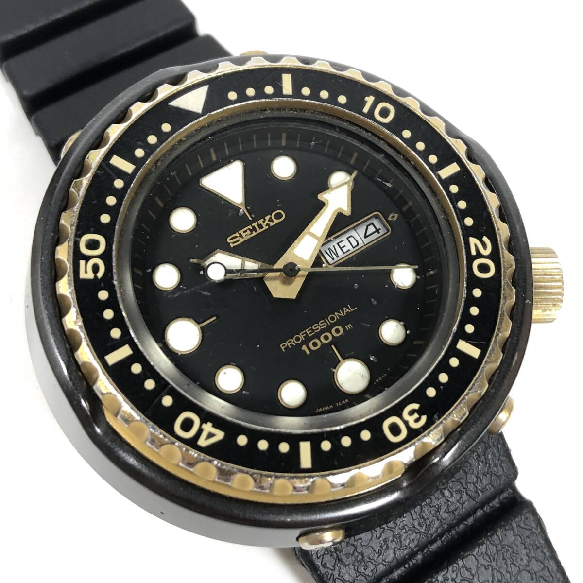 ＊SEIKO 7C46-7009 プロフェッショナル ダイバー1000m デイデイト クォーツ チタン ラバーベルト ブラック ゴールド セイコー 稼働品