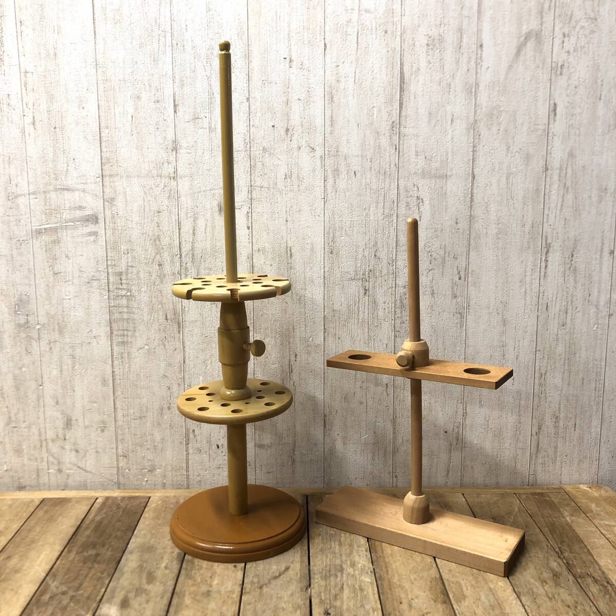 ＊木製 ロート台 2点セット 漏斗台 実験器具 試験管立て 木製スタンド 分液ロート台 ろうと台 理科 研究 科学 古道具 インテリア レトロ