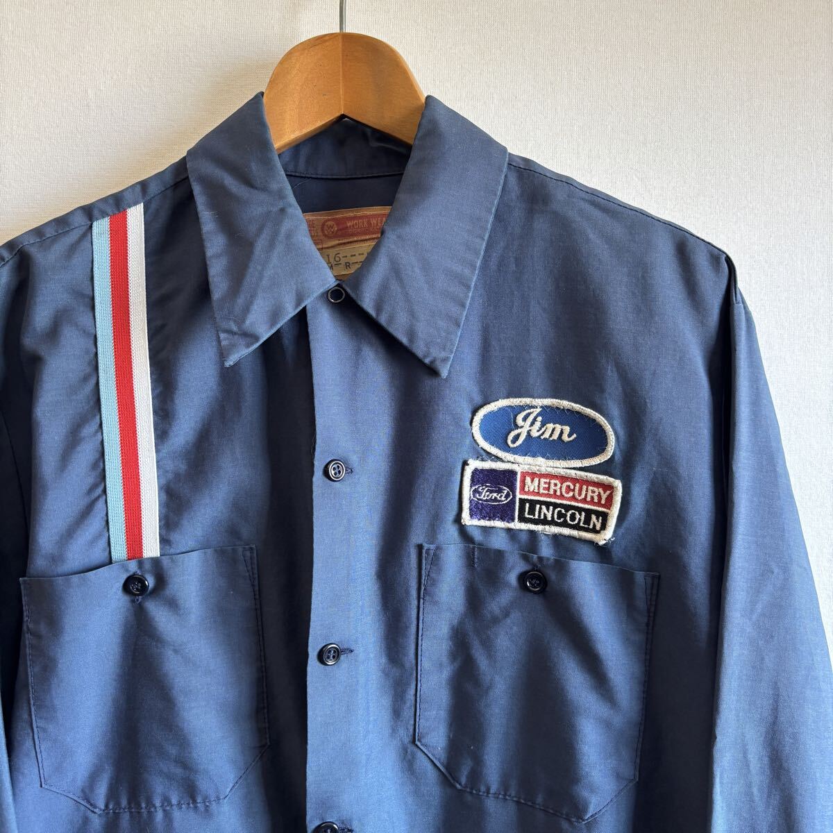 ヴィンテージ 70s【FORD】MERCURY LINCOLN ワークシャツ USA製 古着 60s 襟芯入り フォード ハーレー アメカジ スタンドシャツ hodrod