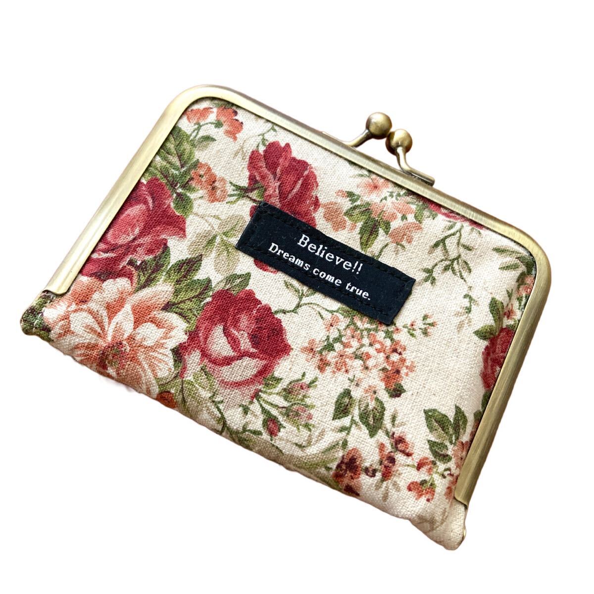 ハンドメイド　がま口カードケース　カードリフィル付き　リネン薔薇柄　