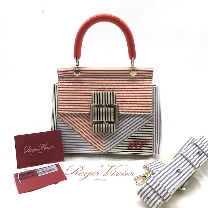 美品 Roger Vivire ロジェヴィヴィエ カバ マルチカラー ストライプ 2WAY ハンド ショルダー バッグ ホワイト ブランド 鞄 k6487