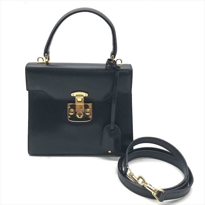 良品 GUCCI グッチ レディロック レザー 2WAY ハンド ショルダー バッグ ネイビー GP金具 レディース ブランド 鞄 Bag k6495